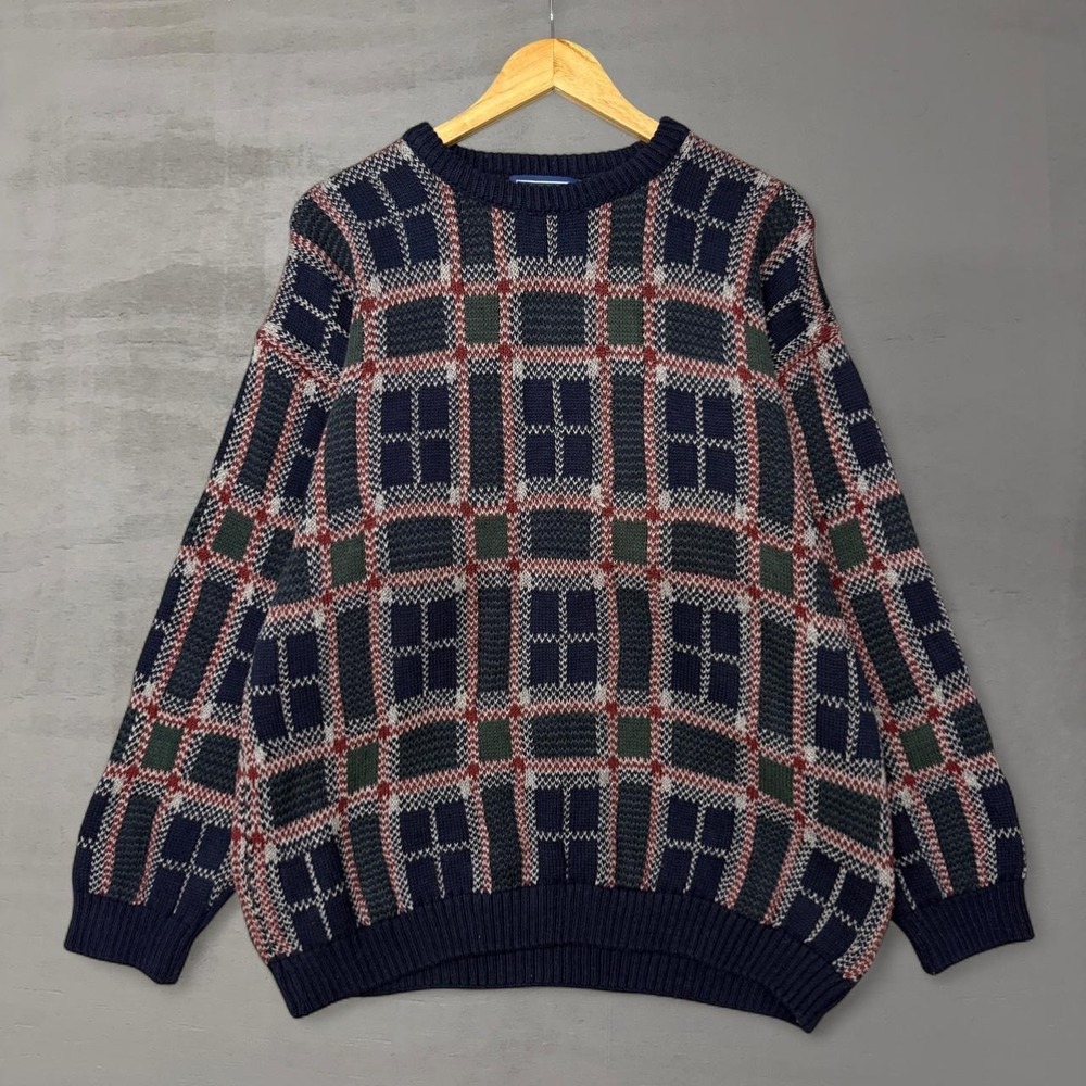 Vintage Savile Row Chunky Retro Sweater Navy Blue‎ Plaid Crewneck Knit XXL